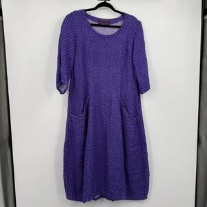 GRIZAS Dress Womens L Purple Argyle Linen Trapeze Midi 3/4 Sleeve Pockets